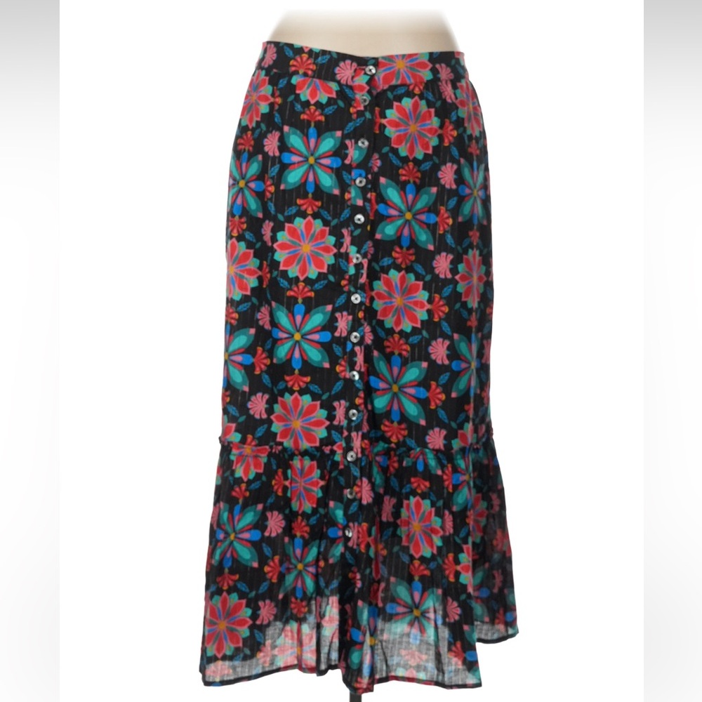 Printfresh Black Maxi Skirt with Pink, Teal & Red Floral Motif